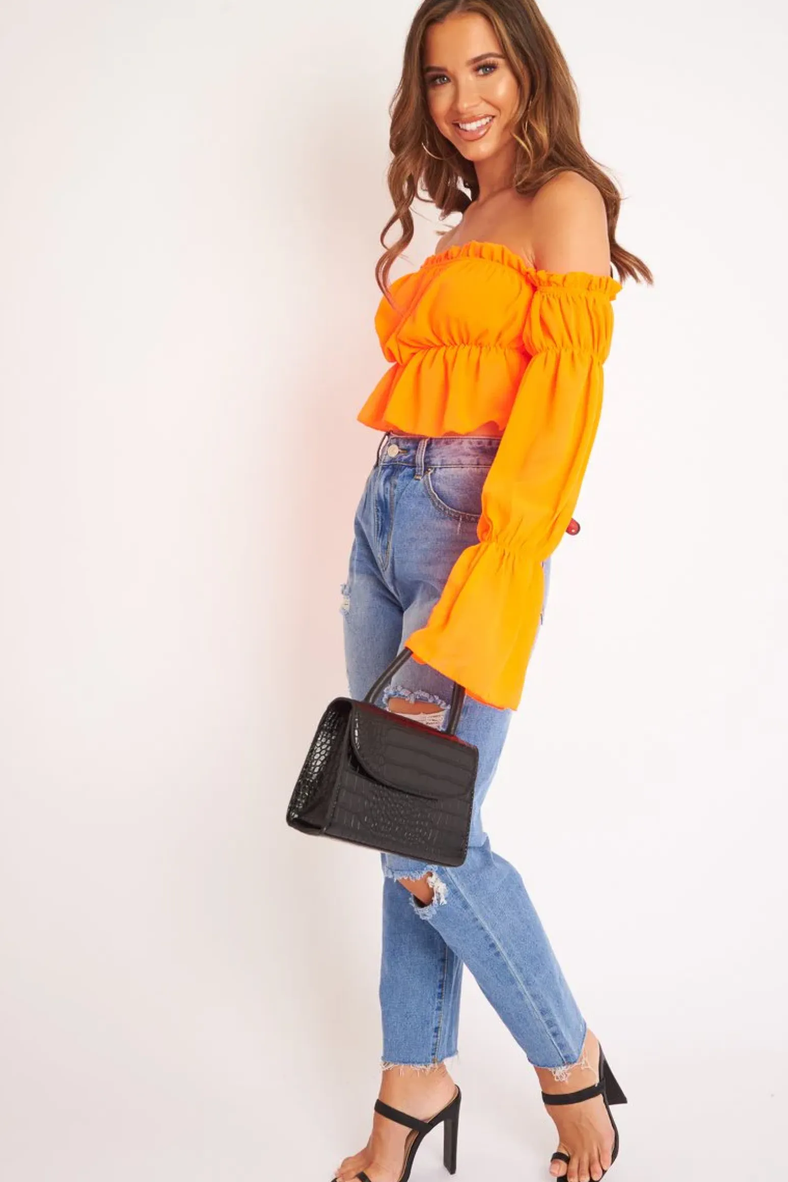Rebellious Fashion Neon Orange Ruffle Bardot Crop Top - Ammie
