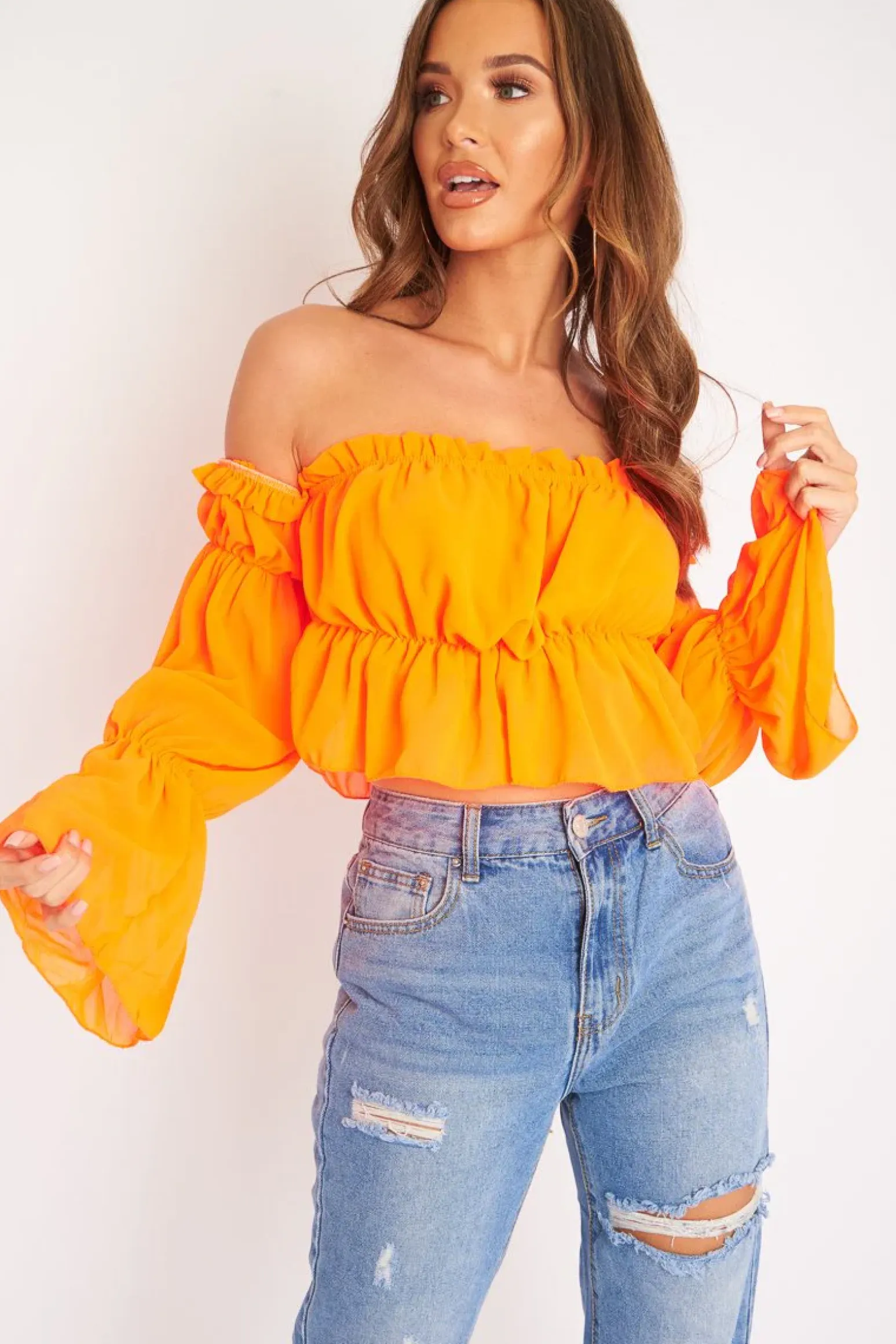 Rebellious Fashion Neon Orange Ruffle Bardot Crop Top - Ammie