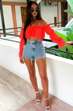 Rebellious Fashion Neon Orange Ruffle Bardot Crop Top - Ammie