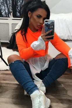 Rebellious Fashion Neon Orange Shirt Insert Crew Neck Jumper - Kamilla