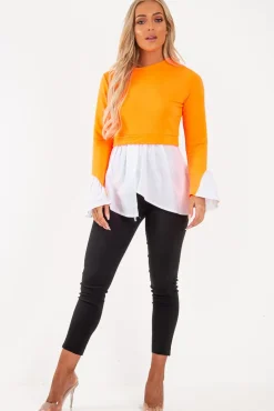 Rebellious Fashion Neon Orange Shirt Insert Crew Neck Jumper - Kamilla