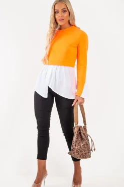Rebellious Fashion Neon Orange Shirt Insert Crew Neck Jumper - Kamilla