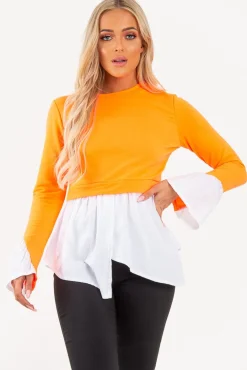 Rebellious Fashion Neon Orange Shirt Insert Crew Neck Jumper - Kamilla