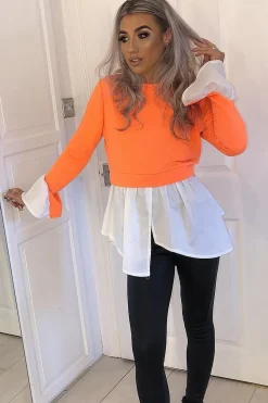 Rebellious Fashion Neon Orange Shirt Insert Crew Neck Jumper - Kamilla