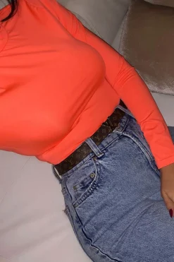 Rebellious Fashion Neon Orange Slinky Bodysuit - Allison