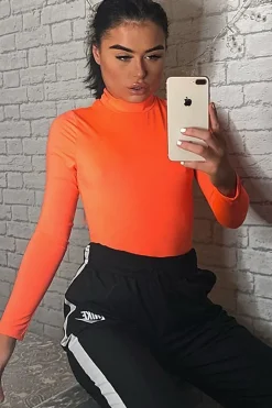 Rebellious Fashion Neon Orange Slinky Bodysuit - Allison