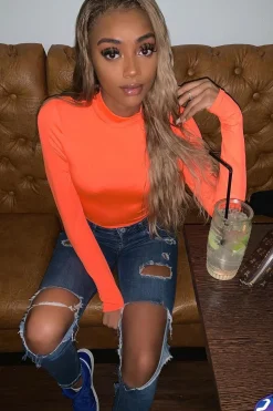 Rebellious Fashion Neon Orange Slinky Bodysuit - Allison