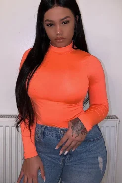 Rebellious Fashion Neon Orange Slinky Bodysuit - Allison