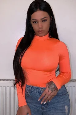 Rebellious Fashion Neon Orange Slinky Bodysuit - Allison