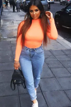 Rebellious Fashion Neon Orange Slinky Bodysuit - Allison