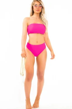 Rebellious Fashion Neon Pink Bandeau High Waist Bikini - Freya