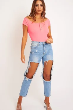 Rebellious Fashion Neon Pink Bardot Button Down Bodysuit - Loda
