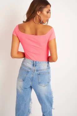Rebellious Fashion Neon Pink Bardot Button Down Bodysuit - Loda