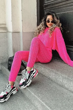 Rebellious Fashion Neon Pink Cable Knit Batwing Jumper Loungwear Set - Janea