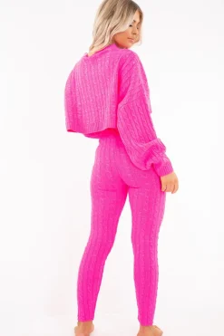 Rebellious Fashion Neon Pink Cable Knit Batwing Jumper Loungwear Set - Janea