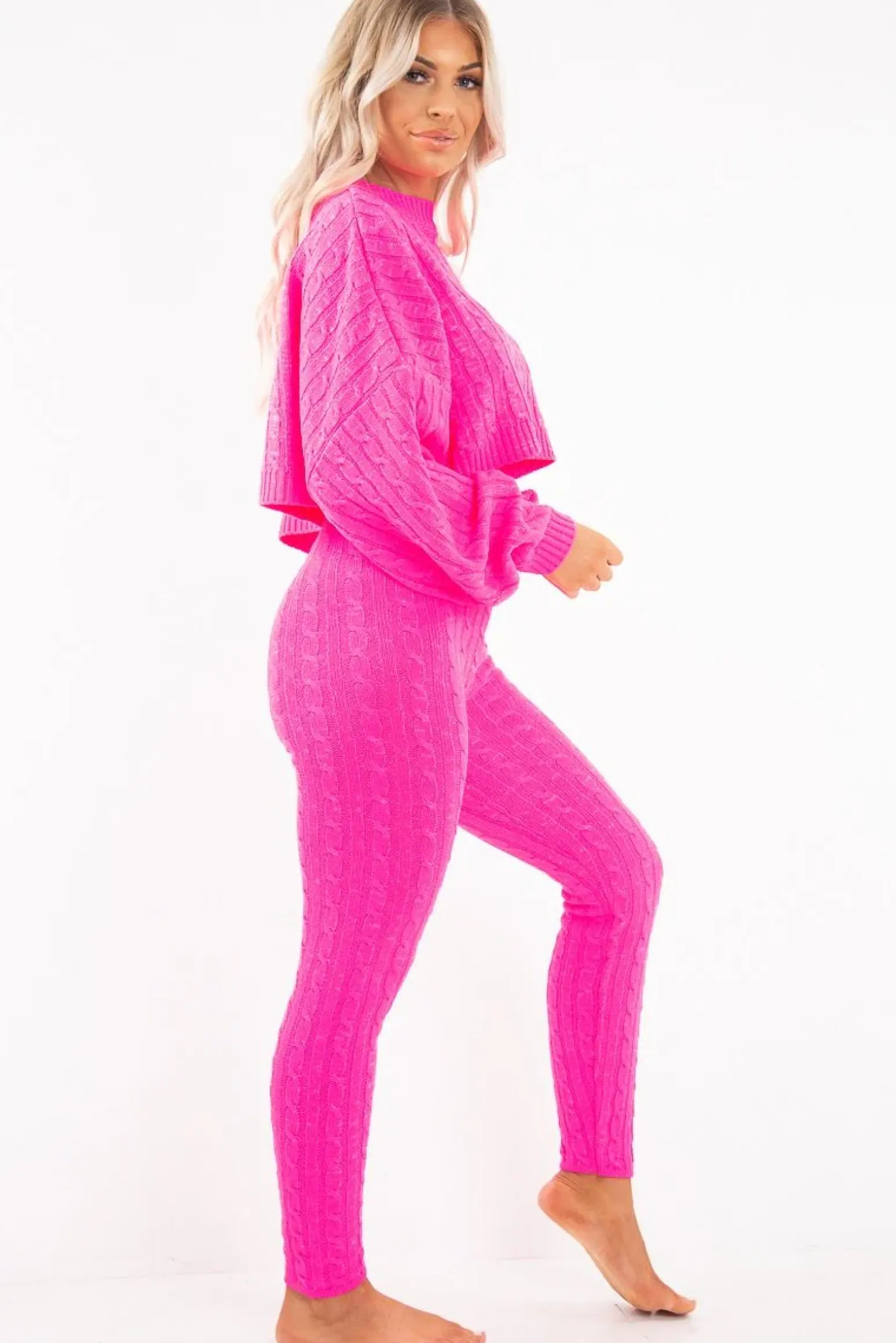 Rebellious Fashion Neon Pink Cable Knit Batwing Jumper Loungwear Set - Janea