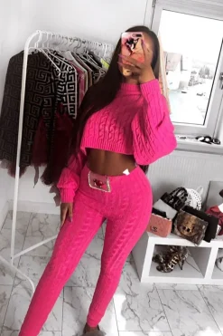 Rebellious Fashion Neon Pink Cable Knit Batwing Jumper Loungwear Set - Janea