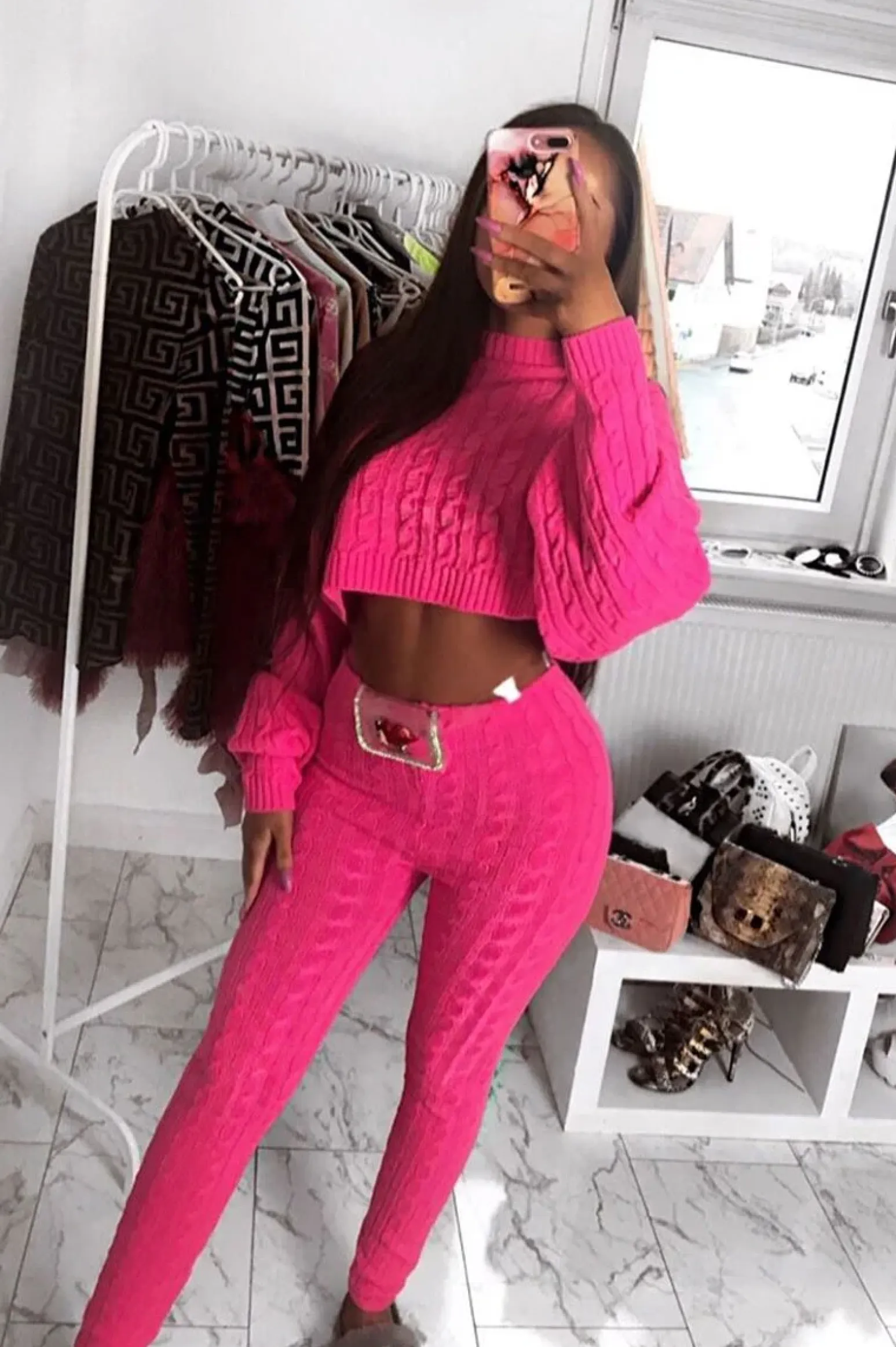 Rebellious Fashion Neon Pink Cable Knit Batwing Jumper Loungwear Set - Janea