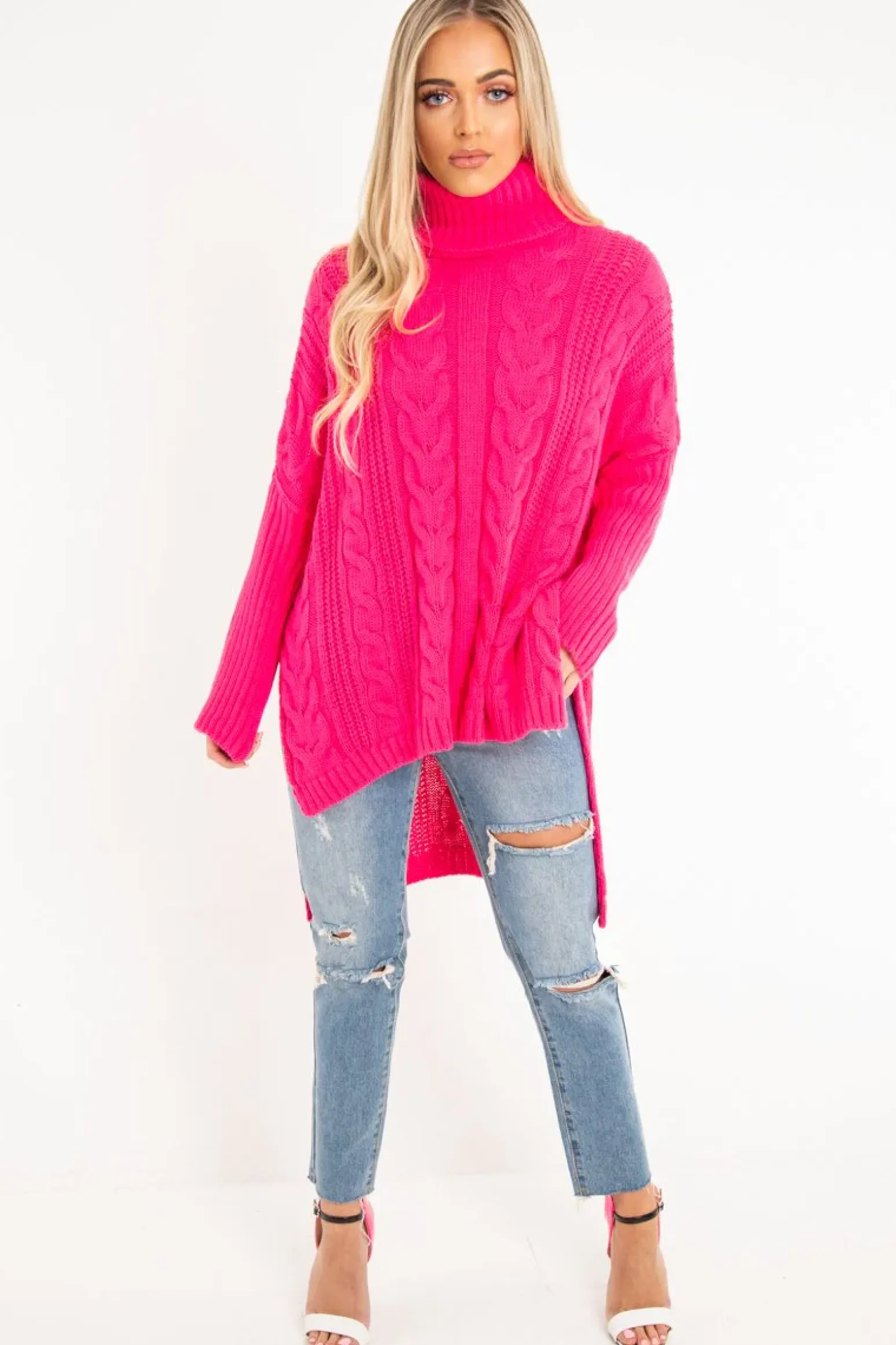 Rebellious Fashion Neon Pink Cable Knit Roll Neck Jumper - Laraina