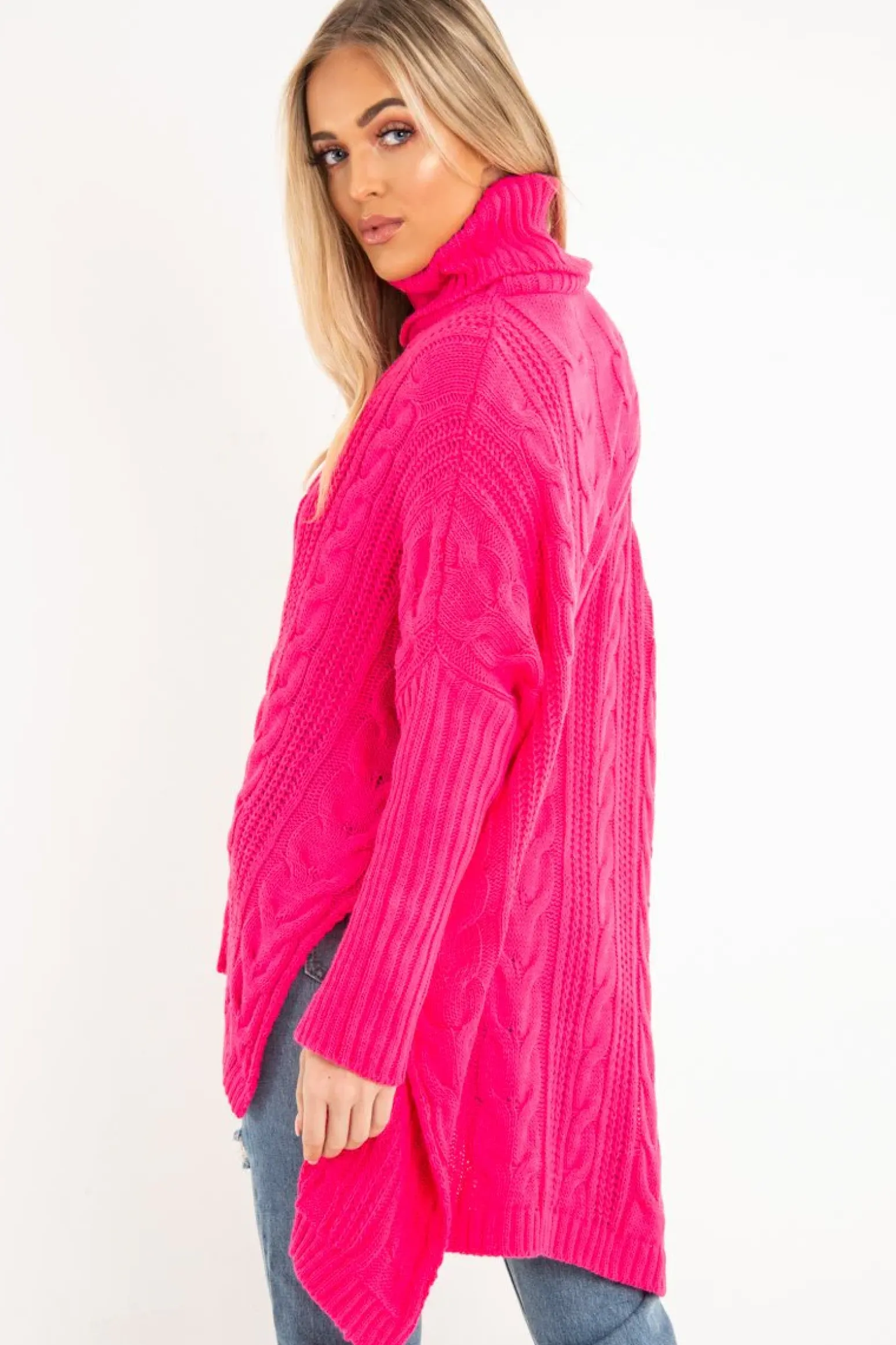 Rebellious Fashion Neon Pink Cable Knit Roll Neck Jumper - Laraina