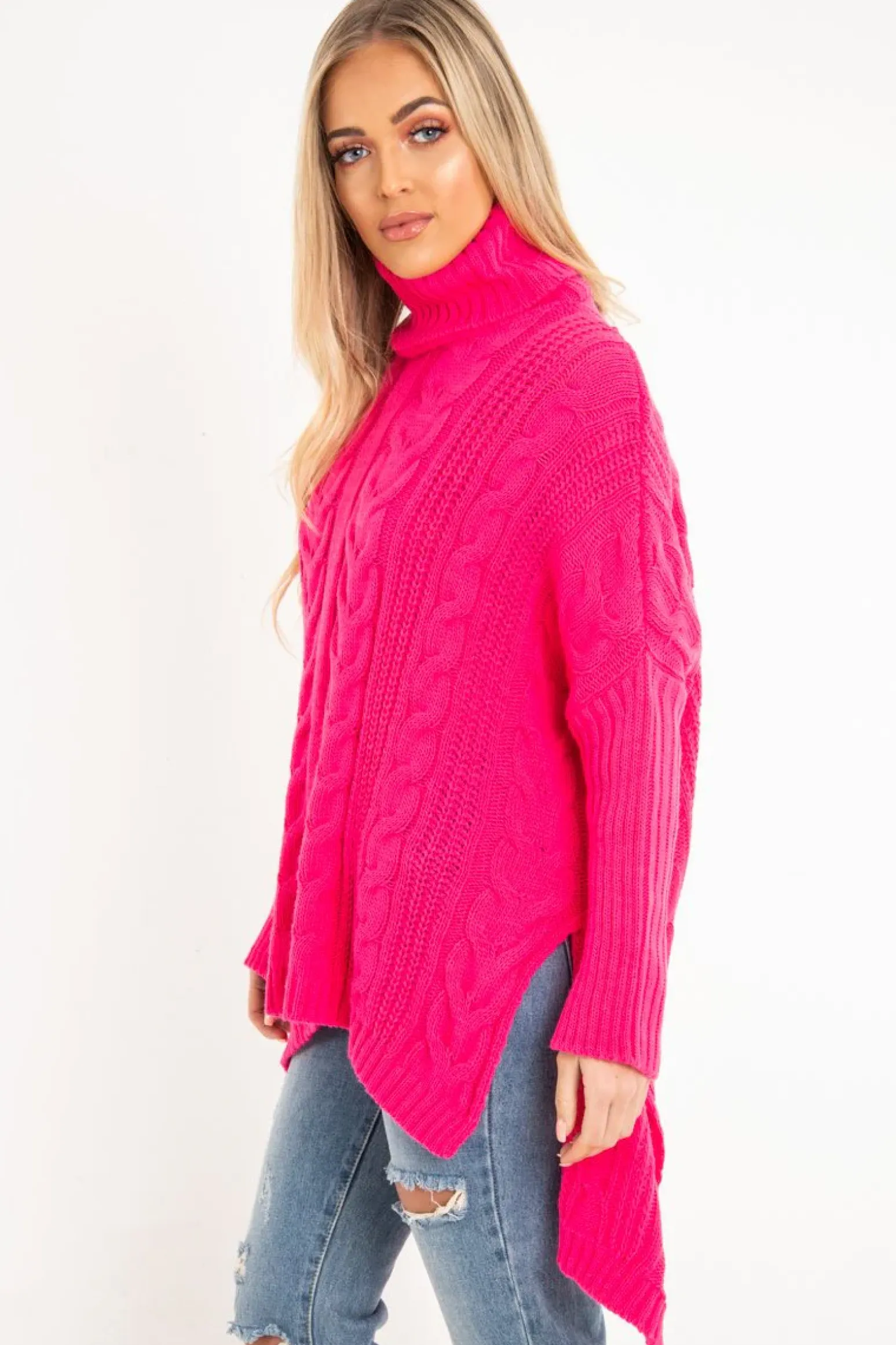 Rebellious Fashion Neon Pink Cable Knit Roll Neck Jumper - Laraina
