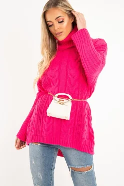 Rebellious Fashion Neon Pink Cable Knit Roll Neck Jumper - Laraina