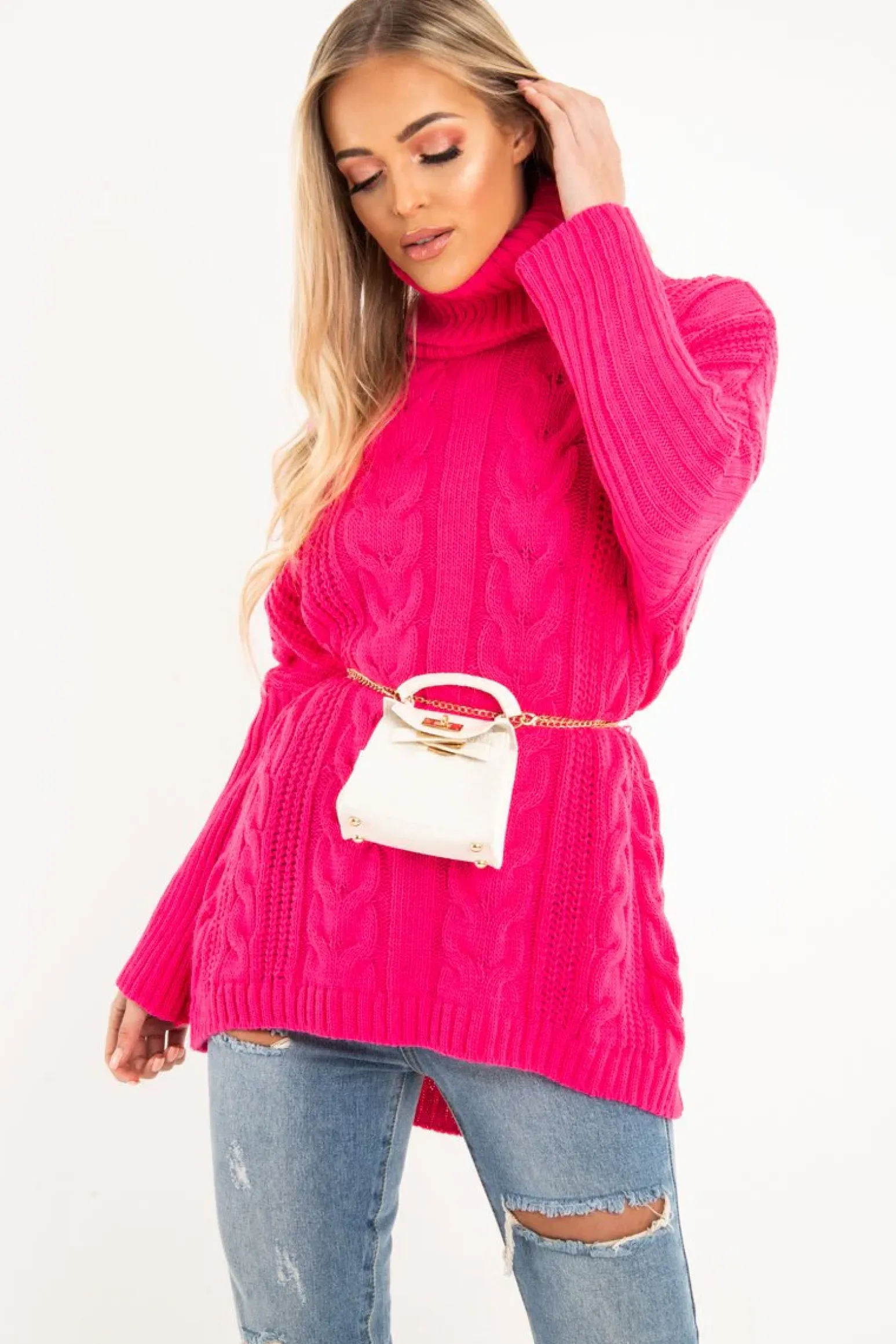 Rebellious Fashion Neon Pink Cable Knit Roll Neck Jumper - Laraina