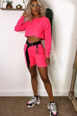 Rebellious Fashion Neon Pink Crop Top And Shorts Co-ord Set - Fina