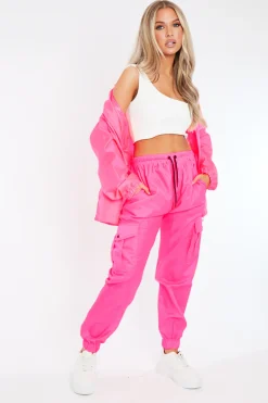 Rebellious Fashion Neon Pink Cuffed Hem Shell Cargo Joggers - Iris