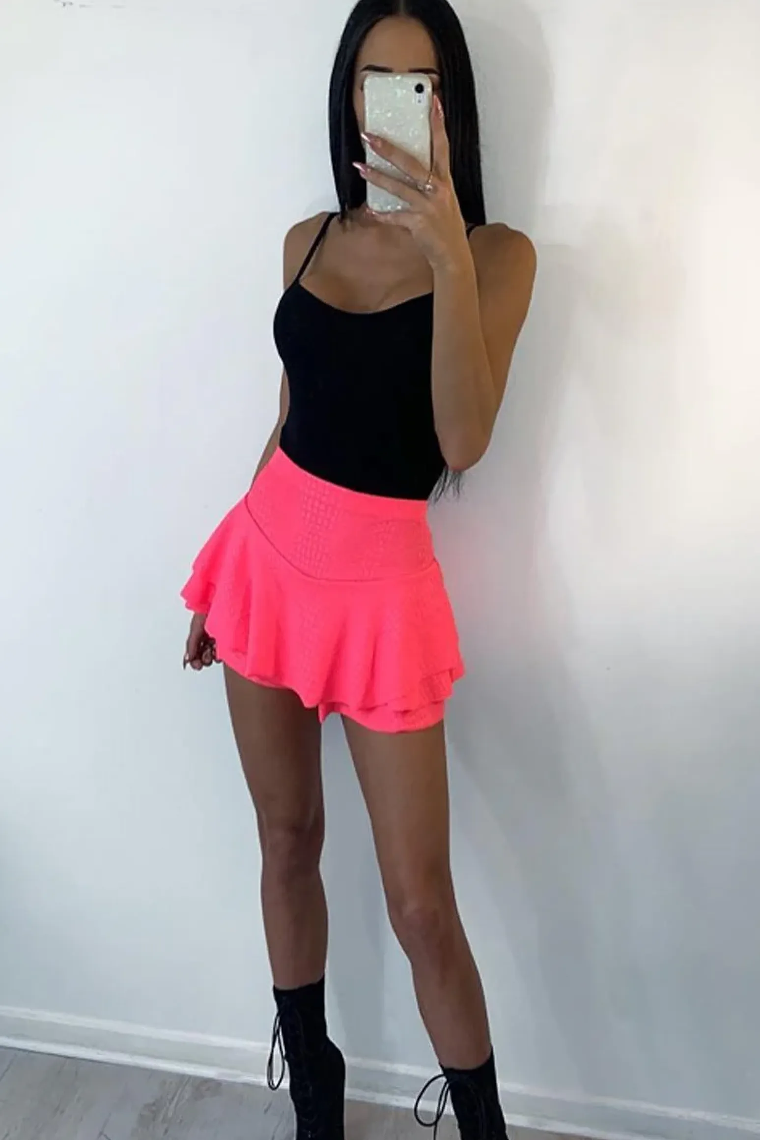 Rebellious Fashion Neon Pink Faux Croc Frill High Waist Shorts - Pixie