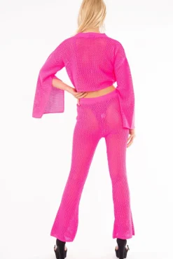 Rebellious Fashion Neon Pink Fishnet Crop Jumper Wide Leg Trouser Co-ord - Haddie