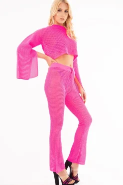 Rebellious Fashion Neon Pink Fishnet Crop Jumper Wide Leg Trouser Co-ord - Haddie