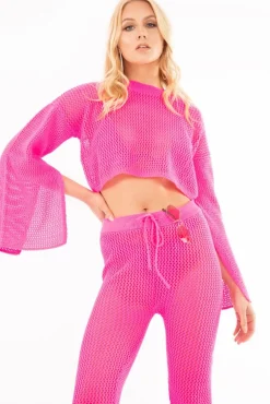 Rebellious Fashion Neon Pink Fishnet Crop Jumper Wide Leg Trouser Co-ord - Haddie