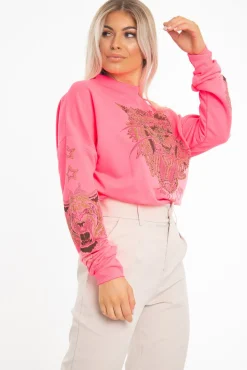 Rebellious Fashion Neon Pink Gold Studded Tiger NYC Sweatshirt - Lezlie