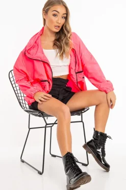 Rebellious Fashion Neon Pink Hooded Zip Front Rain Parka - Leticia