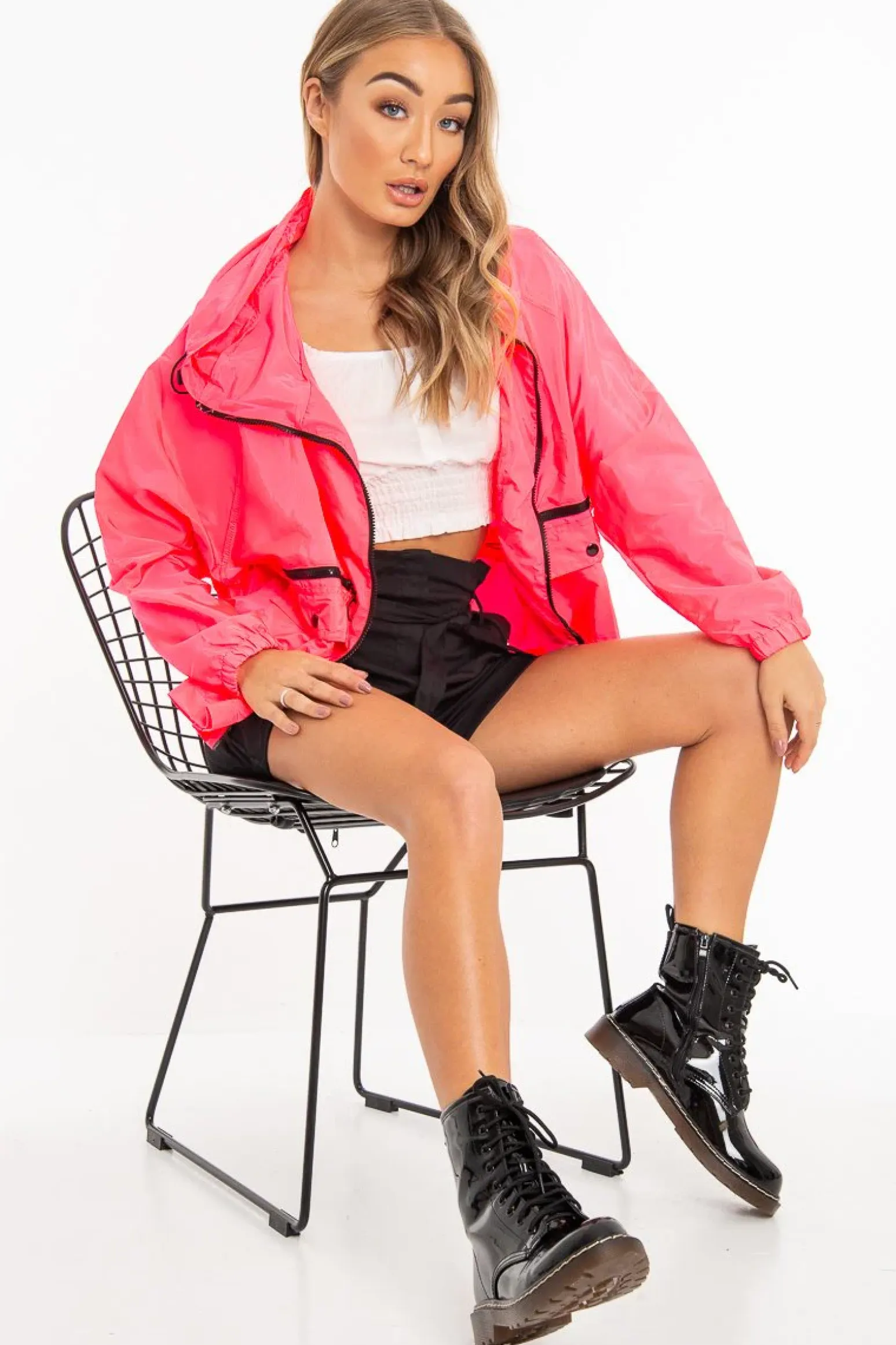 Rebellious Fashion Neon Pink Hooded Zip Front Rain Parka - Leticia