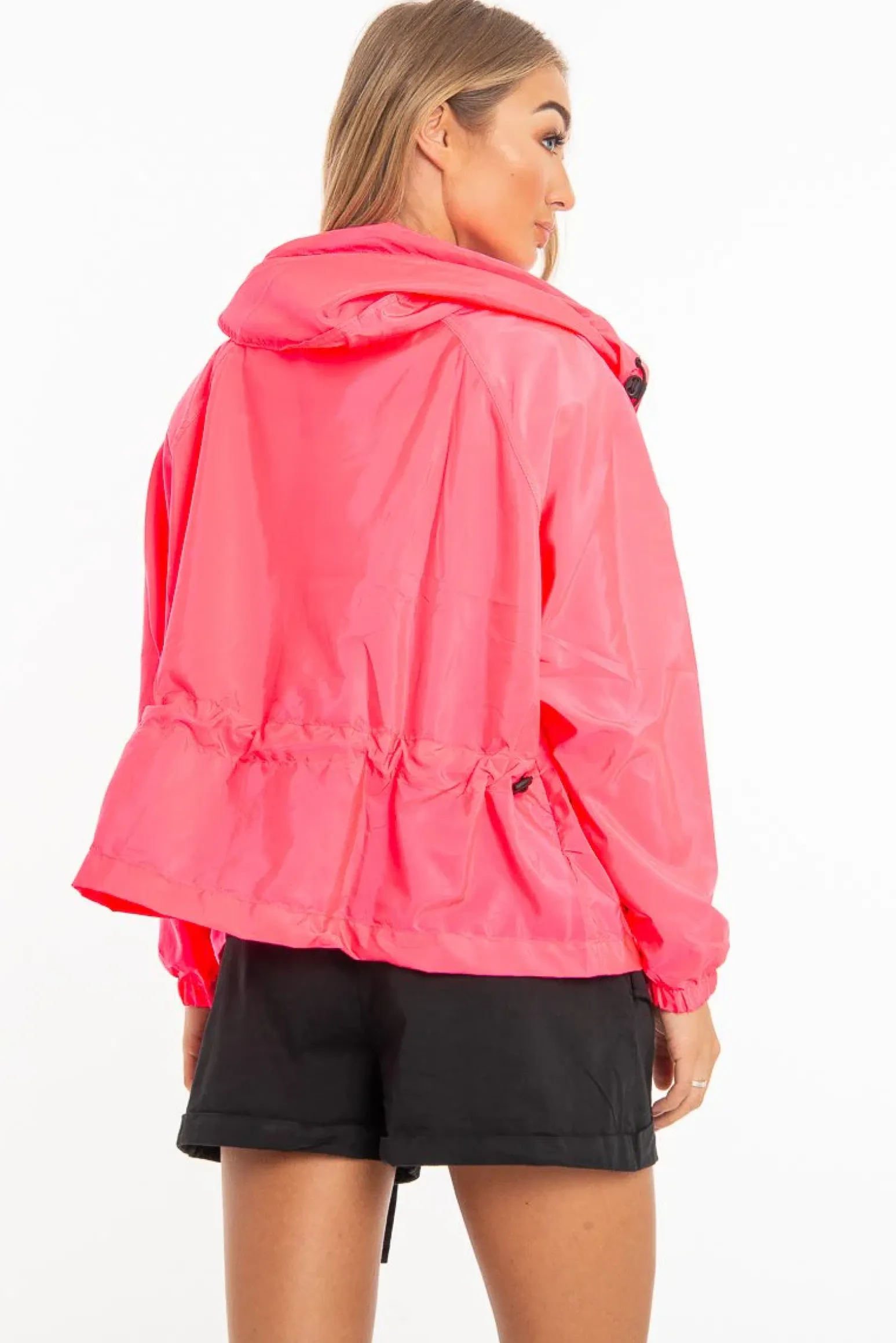 Rebellious Fashion Neon Pink Hooded Zip Front Rain Parka - Leticia