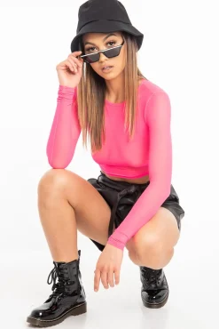 Rebellious Fashion Neon Pink Mesh Long Sleeve Crop Top - Presley