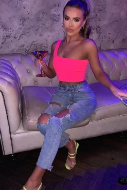 Rebellious Fashion Neon Pink One Shouldered Crop Top - Kamri