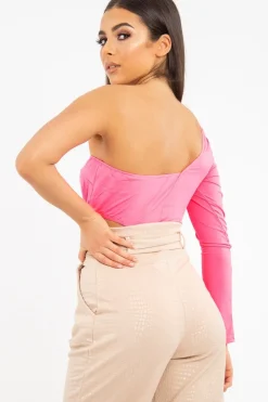 Rebellious Fashion Neon Pink One Sleeve Cut Out Bodysuit - Lyana