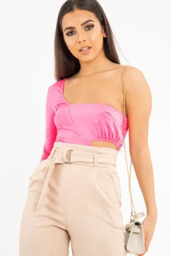 Rebellious Fashion Neon Pink One Sleeve Cut Out Bodysuit - Lyana