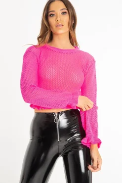 Rebellious Fashion Neon Pink Open Knit Ruffle Hem Crop Jumper - Carrie