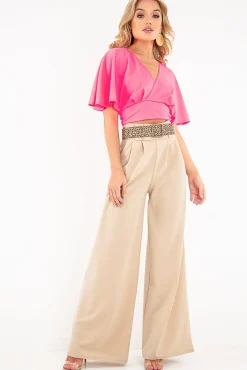 Rebellious Fashion Neon Pink Plunge Tie Back Blouse Crop Top - Bryelle