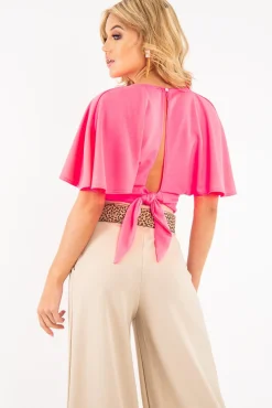 Rebellious Fashion Neon Pink Plunge Tie Back Blouse Crop Top - Bryelle