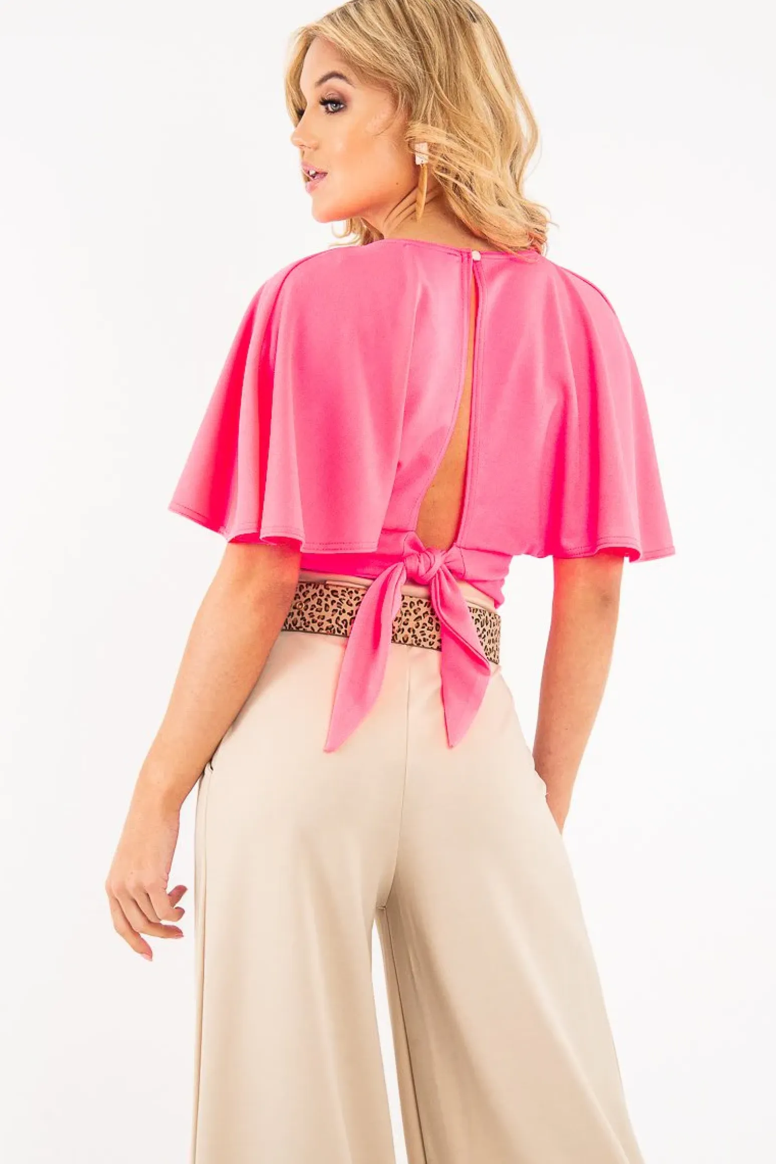 Rebellious Fashion Neon Pink Plunge Tie Back Blouse Crop Top - Bryelle