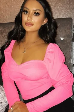 Rebellious Fashion Neon Pink Puff Sleeve Sweetheart Neckline Crop Top - Tomi