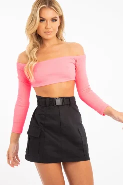 Rebellious Fashion Neon Pink Ribbed Bardot Crop Top - Jodi