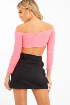 Rebellious Fashion Neon Pink Ribbed Bardot Crop Top - Jodi