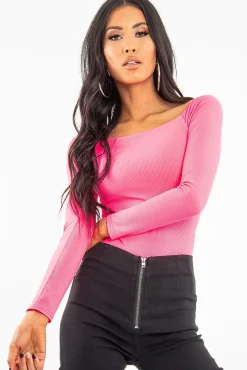 Rebellious Fashion Neon Pink Ribbed Square Neck Bodysuit - Alysha