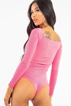 Rebellious Fashion Neon Pink Ribbed Square Neck Bodysuit - Alysha